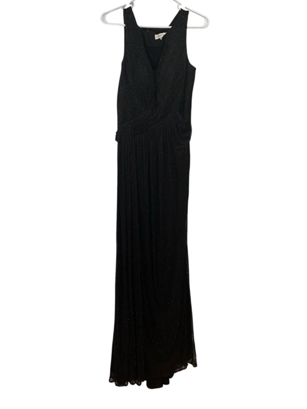 Cameron Blake Mon Cheri Metallic Knit Sheath Gown Sz 10 Black Sweep Train Formal